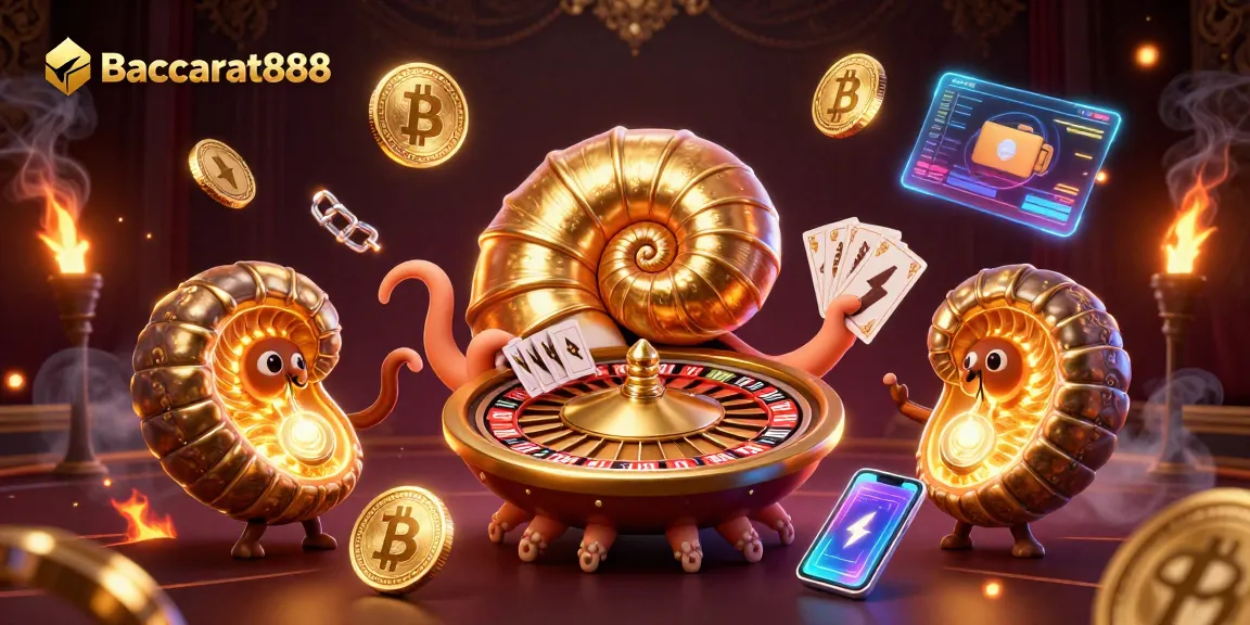Baccarat888: Engage in thrilling gameplay with a vibrant 3D casino scene featuring a giant nautilus holding cards.