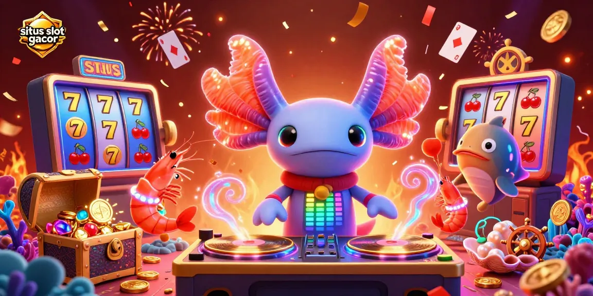 Engage in thrilling gameplay on situs slot gacor with vibrant characters celebrating big wins in a casino-themed underwater world.