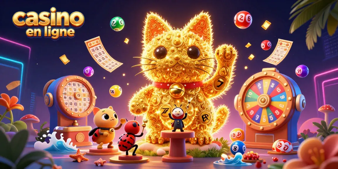 Jouez dans une ambiance colorée de casino en ligne avec un chat chanceux et des éléments de loterie.