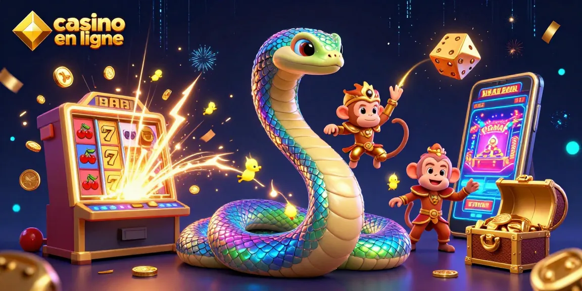 Jouez à des jeux de casino en ligne avec le serpent multicolore et le roi singe dans une ambiance magique.