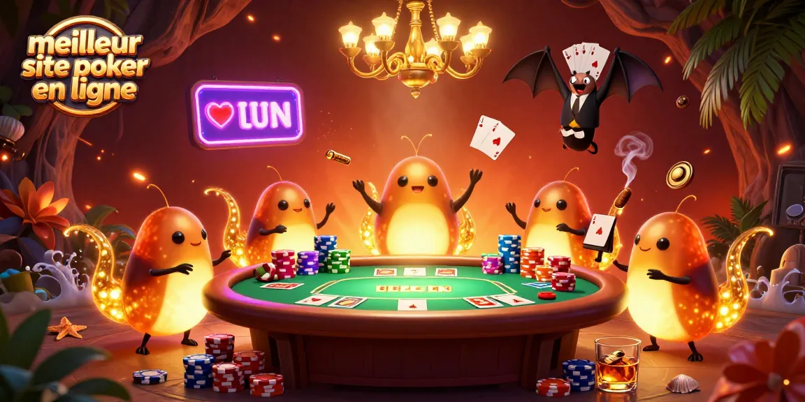 Joue au meilleur site de poker en ligne avec cette scène vibrante de poker illustrée, illuminée par des vers luisants.