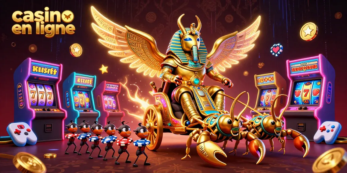 Jouez au casino en ligne et découvrez un scorpion doré tirant un char, entouré de machines à sous colorées.