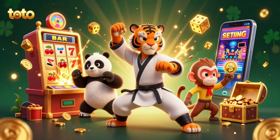 Toto-themed vibrant casino scene showcasing a kung fu tiger, panda disciple, and monkey student amidst slot machines and golden treasures