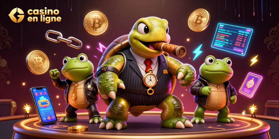 Expérimentez des jeux de casino en ligne avec une tortue en costume et des grenouilles.