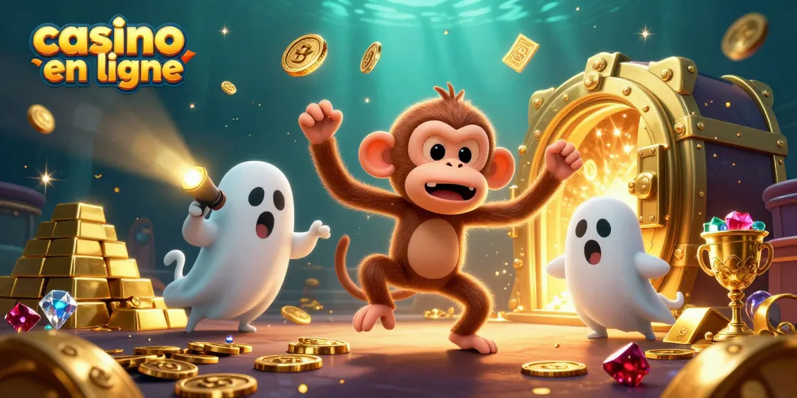 Profitez d'un casino en ligne avec un singe fantôme amusant jonglant des objets d'or dans un décor animé.