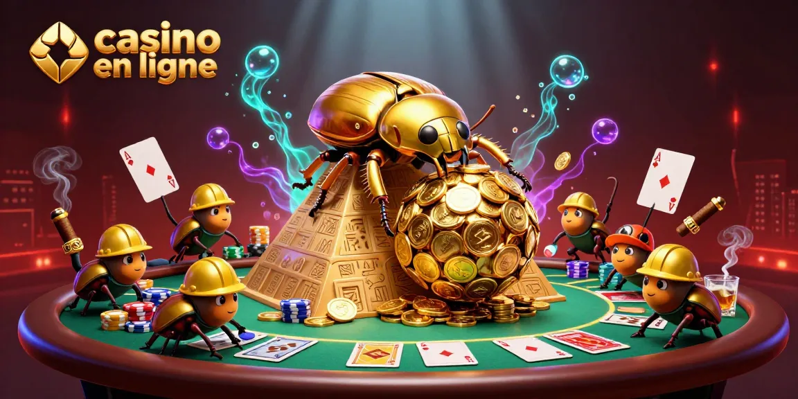 Découvrez le casino en ligne avec ce scarabée doré faisant rouler une boule de pièces sur une pyramide élégante.