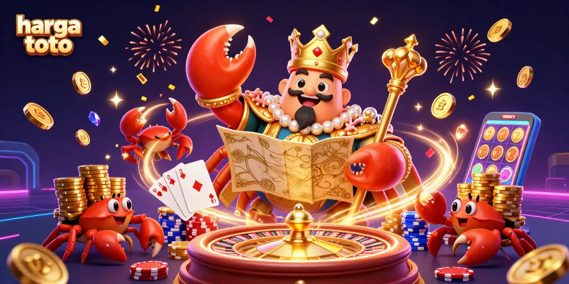 Experience the excitement of harga toto with a golden crab emperor and lively casino elements in a vibrant 3D illustration.