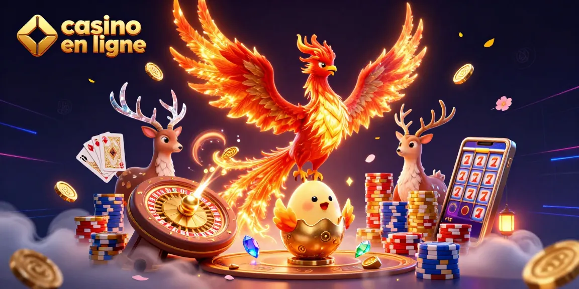 Jouez au casino en ligne avec une illustration 3D captivante, mettant en vedette un phénix et des éléments de jeu.