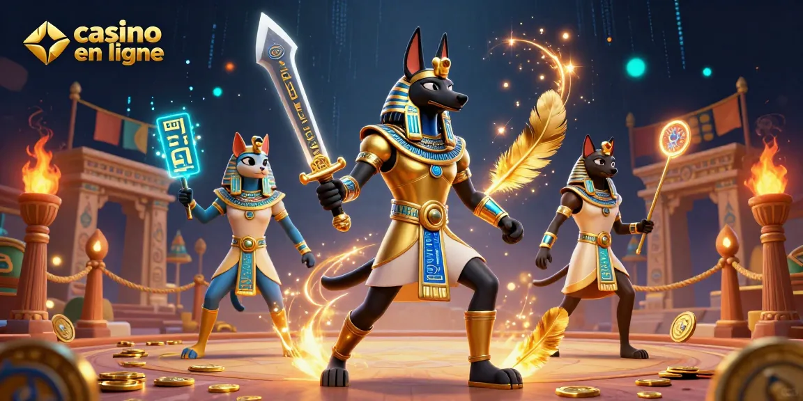 Jouez au casino en ligne avec Anubis et Bastet, entourés de pièces et de symboles égyptiens.