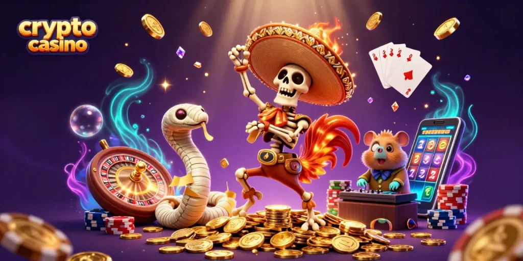 Vivez l'expérience d'un crypto casino avec une danse festive de personnages colorés, entourés de pièces d'or.