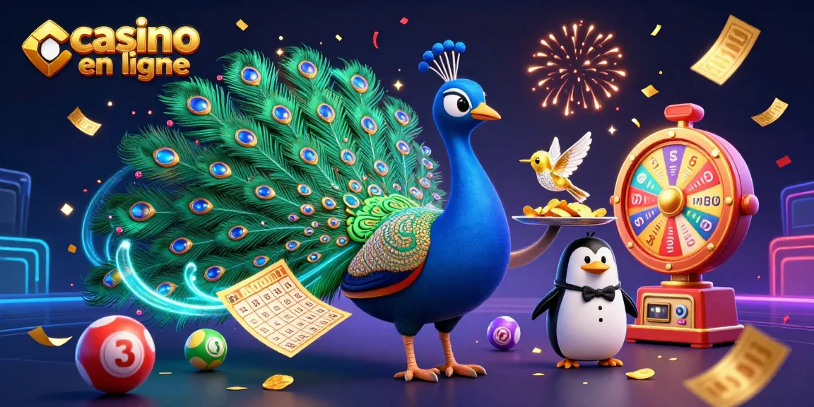 Illustration dynamique représentant un casino en ligne avec un paon élégant, un pingouin serveur et un colibri, entourés de balles de loterie colorées.