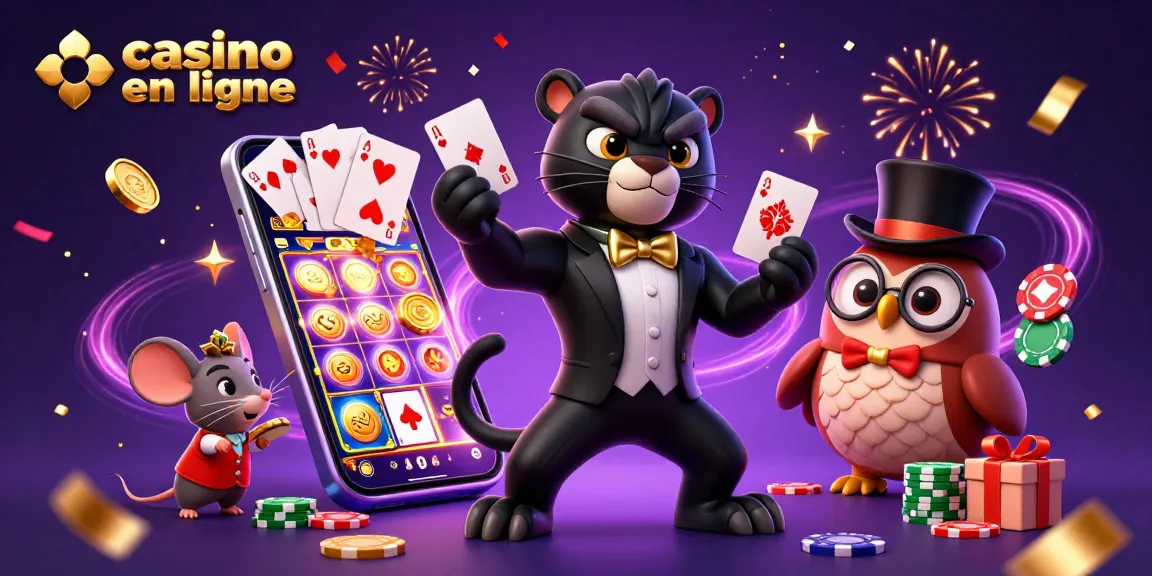 Des joueurs gagnant à un casino en ligne entourés de cartes, jetons et confettis colorés