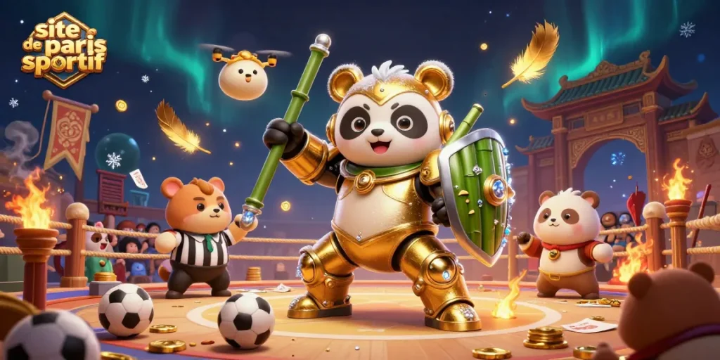 Plongez dans l'univers du site de paris sportif avec un panda doré en armure pilotant un robot dans une arène animée.