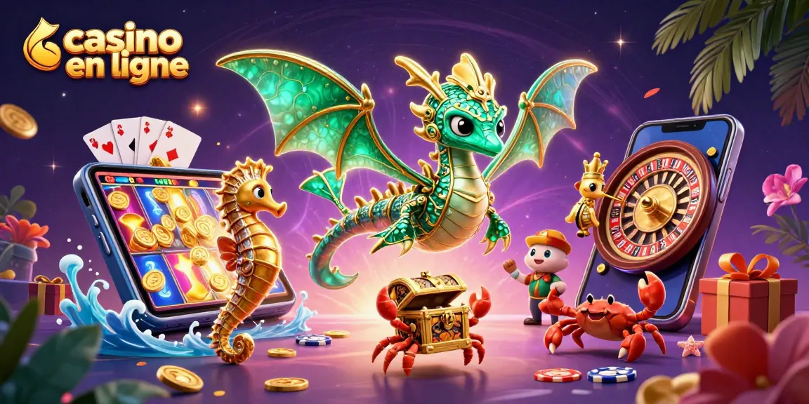 Jouez au casino en ligne avec une illustration captivante de dragon de mer et de trésors.