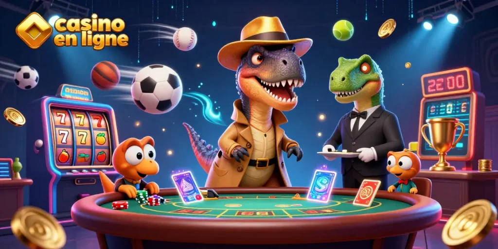 Interaction à la table de blackjack dans le casino en ligne, où un vélociraptor tente de compter des cartes sous le regard d'un pit boss stégosaure.