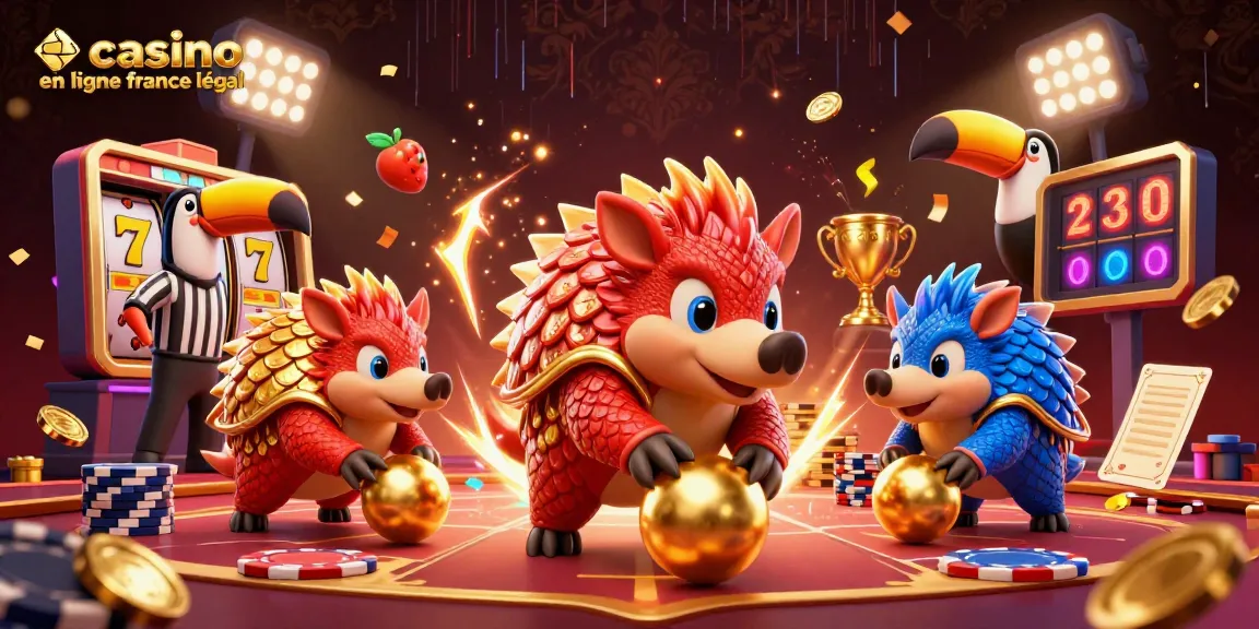 Illustrez le jeu sur un casino en ligne légal en France avec des pangolins en compétition sur des jetons de poker.