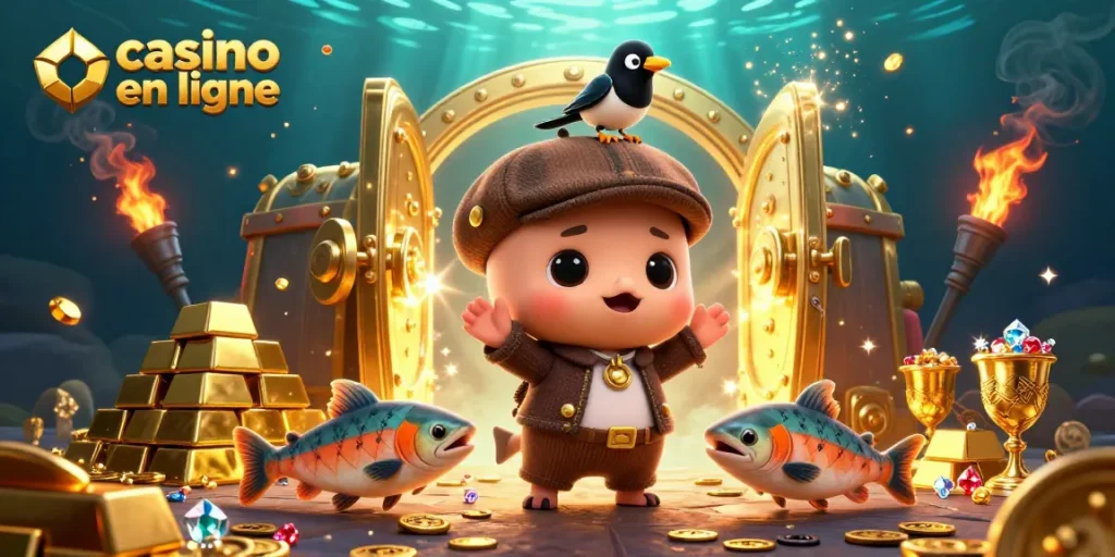 Venez découvrir le casino en ligne avec un groupe de créatures joyeuses au milieu des pièces d'or et des trésors.