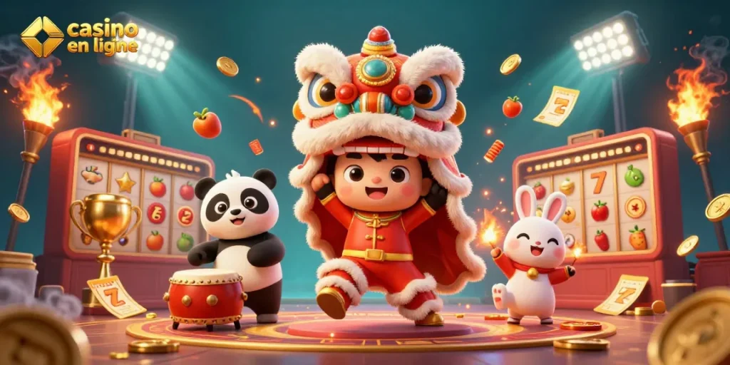 Illustration festive de casino en ligne avec danse du lion, panda et lapin, entourés de pièces d'or et de symboles de jackpot.