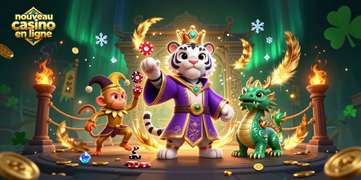 Jouez sur le nouveau casino en ligne avec un tigre élégant, un singe en folie, et un dragon de jade dans une scène immersive de jeux d'argent.
