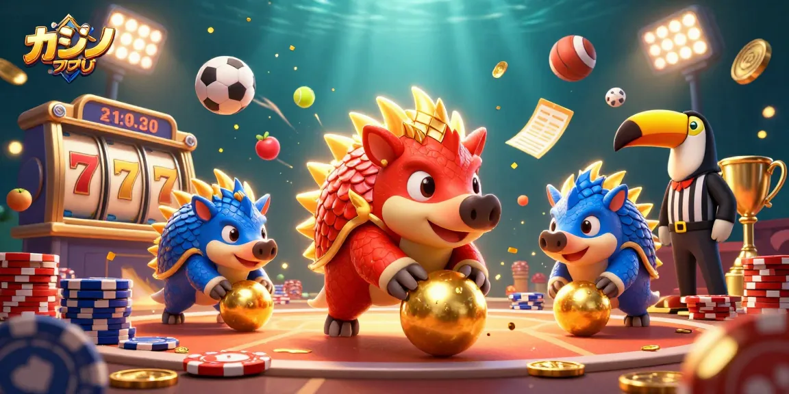 カジノアプリで競り合う赤と青の装甲を持つ3Dパンゴリンのペアがスロットリールとポーカーチップで遊んでいるシーン