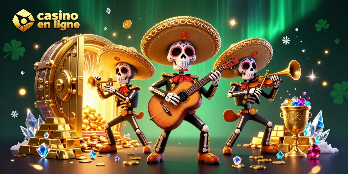 Profitez de l'expérience immersive du casino en ligne avec une illustration énergique de mariachi squelettique.