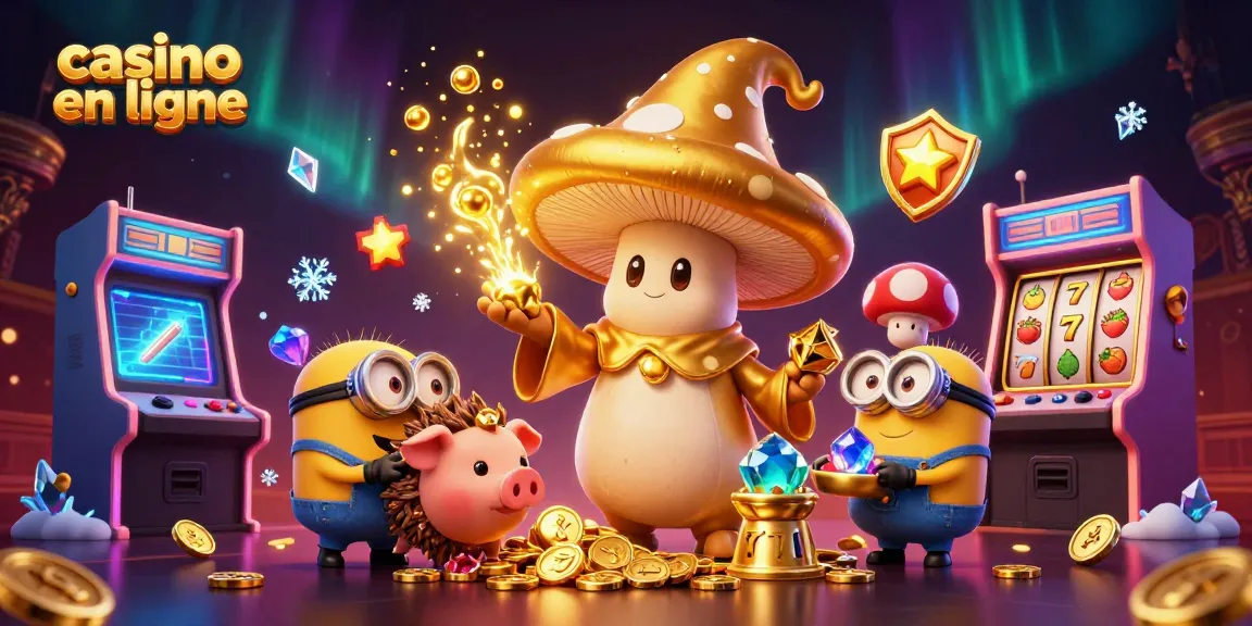 Illustration dynamique de casino en ligne avec un sorcier champignon doré et des jeux d'arcade.