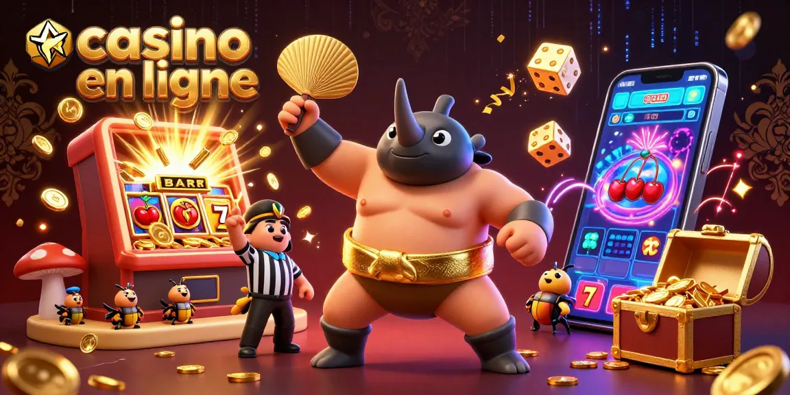 Illustration de casino en ligne avec un rhinocéros coléoptère alpiniste et une machine à sous explosive.