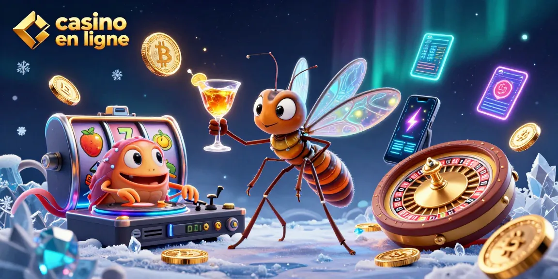 Illustration d'un casino en ligne avec une mascotte, des pièces de crypto et un décor riche en détails.