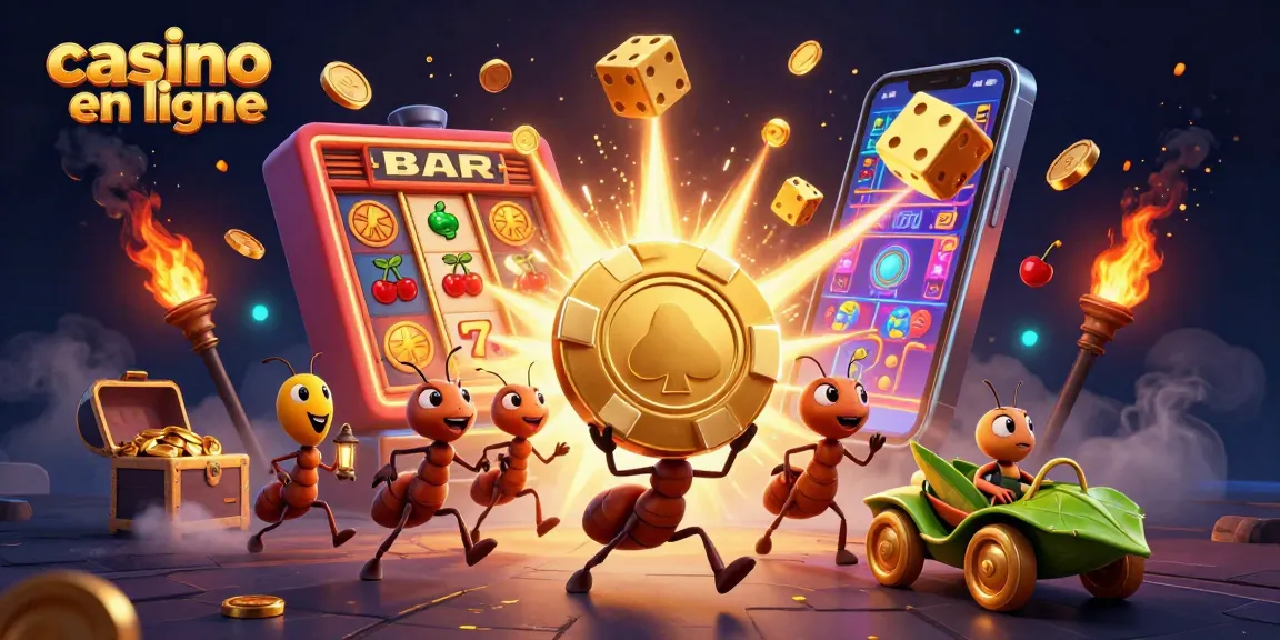 Les fourmis transportent un jeton de poker dans un tunnel à casino en ligne, illustrant une aventure ludique.