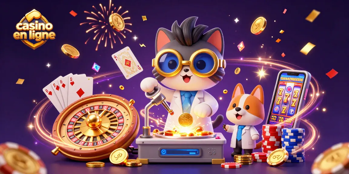 Visualiser l'excitation d'un casino en ligne avec une machine à pièces dorées, un chat scientifique et un chien assistant.