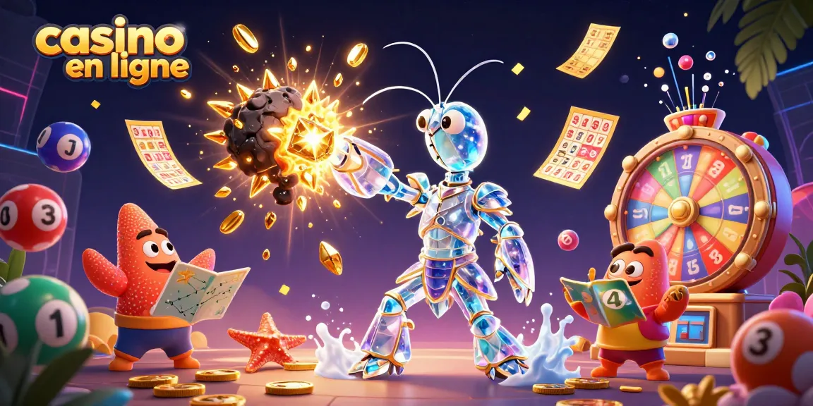 Cartoon de la mantis crevette en armure, découvrant un jackpot casino en ligne, avec des éléments de loterie colorés.