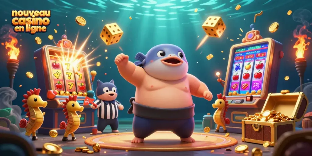 Illustration dynamique d'un nouveau casino en ligne avec un fugu, un arbitre poisson-chat et des spectateurs hippocampes.