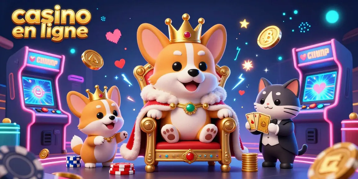 Plongez dans l'univers captivant du casino en ligne avec des corgis royaux entourés de jeux colorés.
