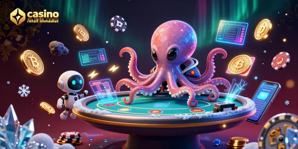Casino en ligne retrait immédiat : poulpe extraterrestre à une table de poker holographique, ambiance cosmique amusante.