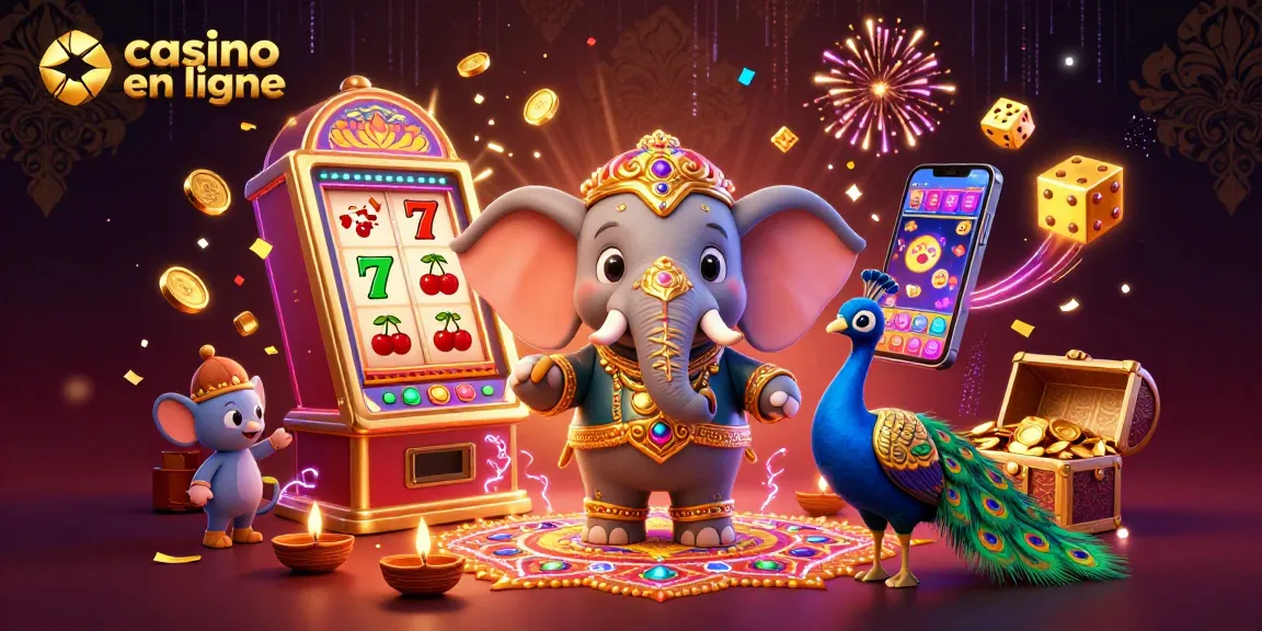 Profitez des jeux de casino en ligne avec un éléphant Diwali majestueux et des symboles colorés.