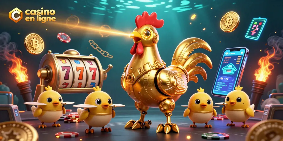 Scène dynamique de casino en ligne avec un robot en forme de coq et des drones suivis de crypto-monnaies brillantes.