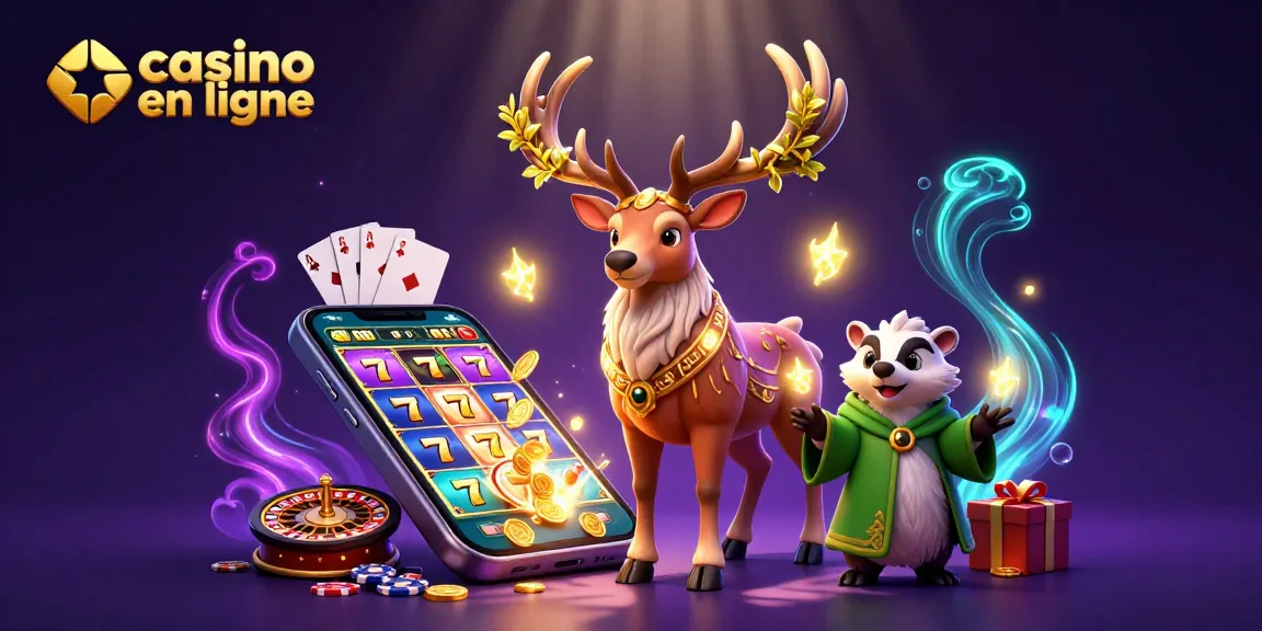 Image colorée représentant un casino en ligne avec un cerf druide et un blaireau entourés de jeux de cartes et de jetons.