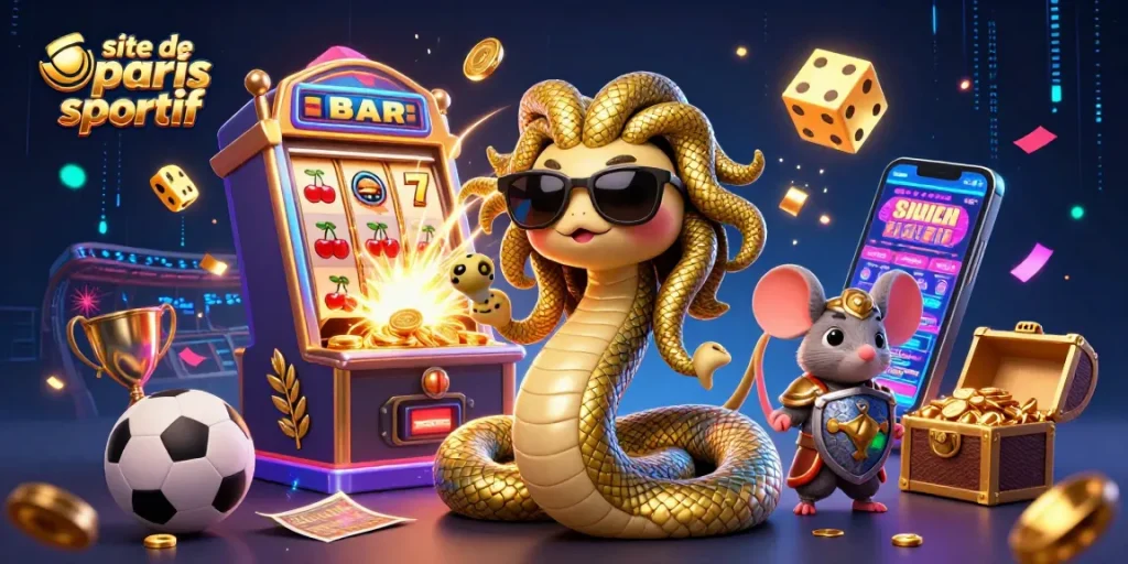 Profitez de notre site de paris sportif avec une scène dynamique de jeux et personnages ludiques.