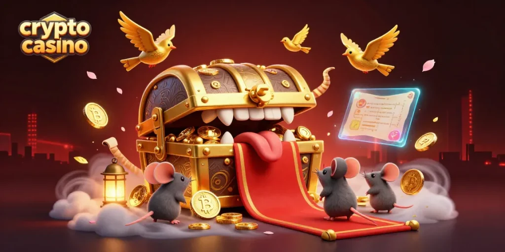 Illustration du casino crypto avec un coffre au trésor attirant des souris aventurières et des éléments de jeu captivants