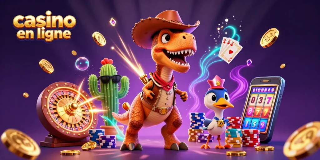 Jouez dans un casino en ligne avec un dinosaure cowboy et une ambiance festive!